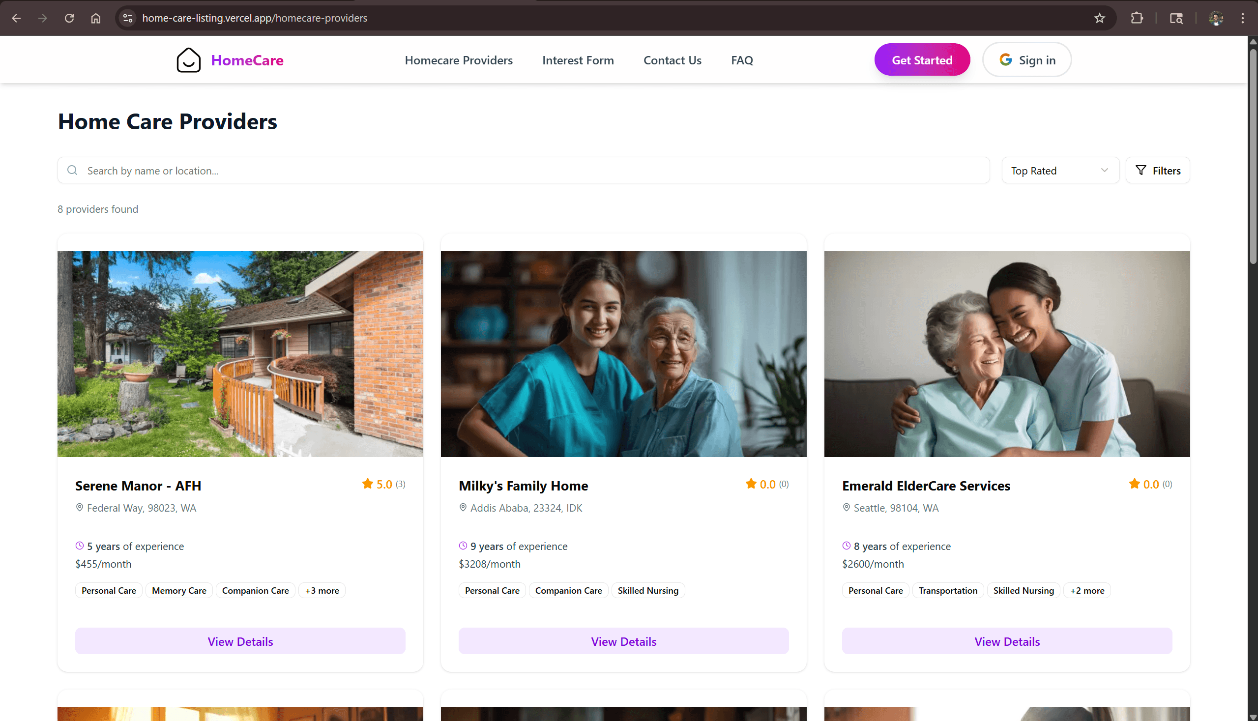 HomeCare Connect dashboard showing provider listings and admin management interface
